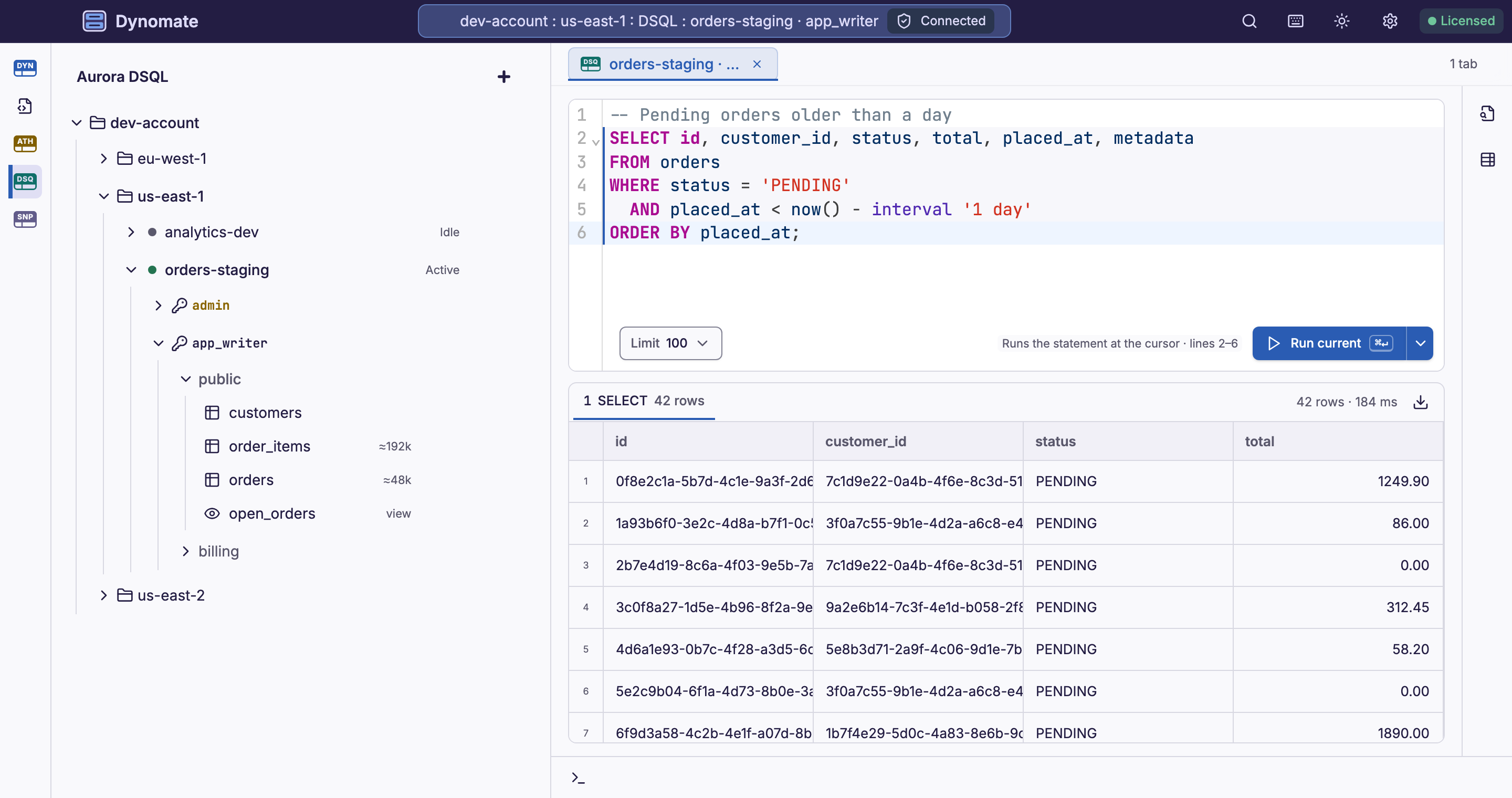 Dynomate Aurora DSQL console with a SELECT result, the cluster tables in the sidebar and the connection in the title bar