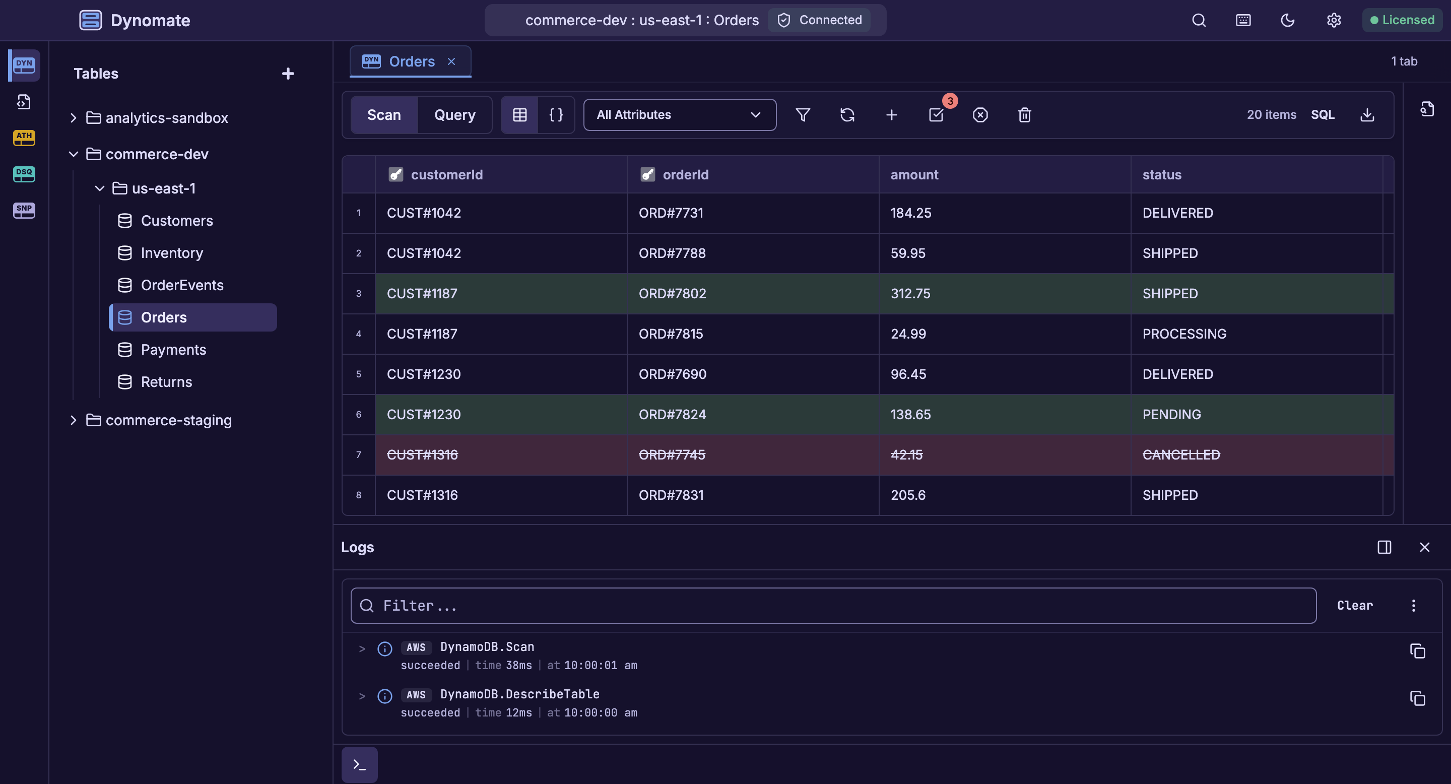 Dynomate table view of an Orders table with three staged edits, the tables of an AWS profile and the Logs panel