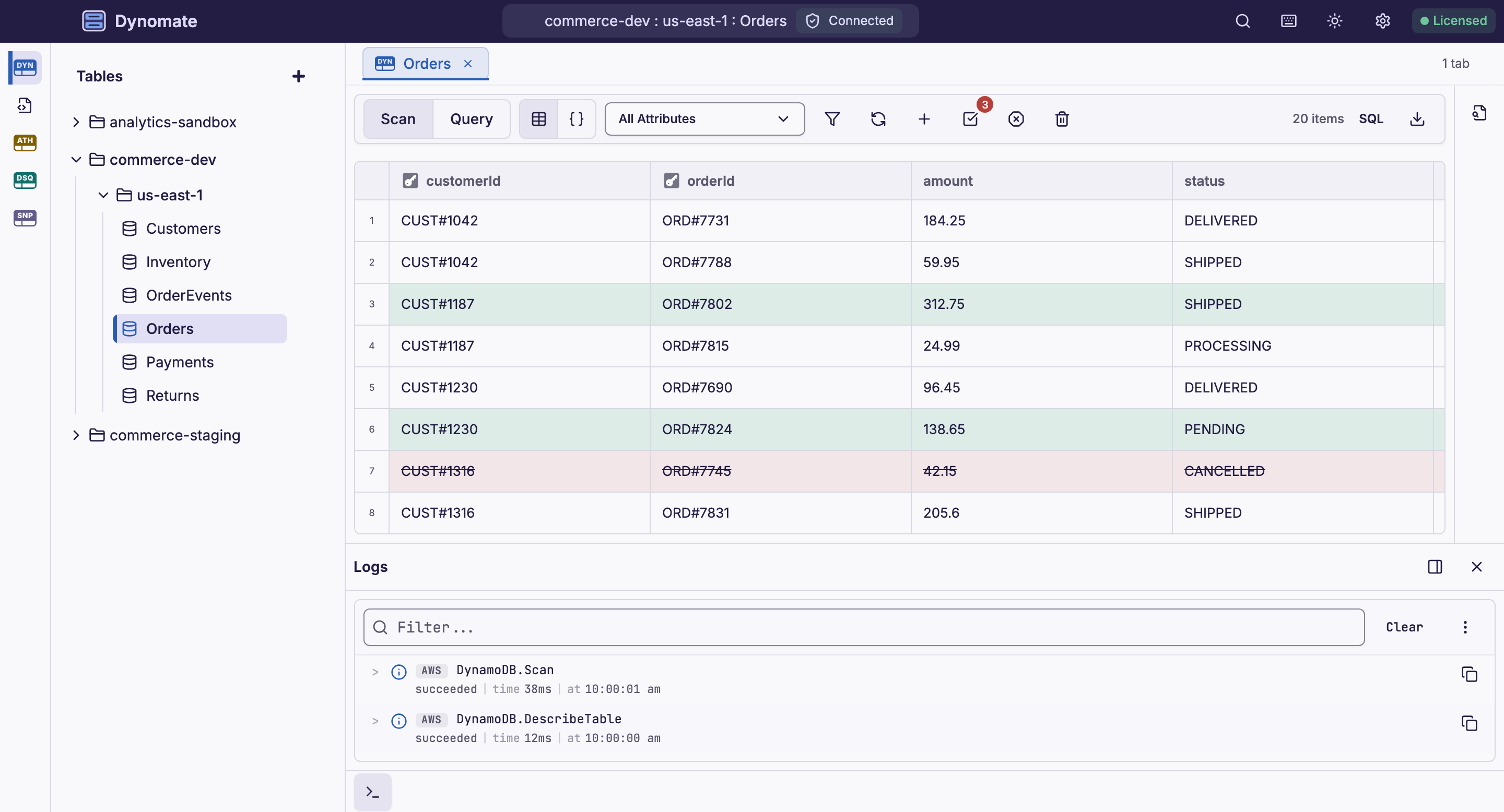 Dynomate table view of an Orders table with three staged edits, the tables of an AWS profile and the Logs panel