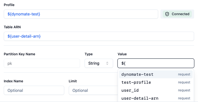 Screenshot for Variables in Profile & Table ARN Fields